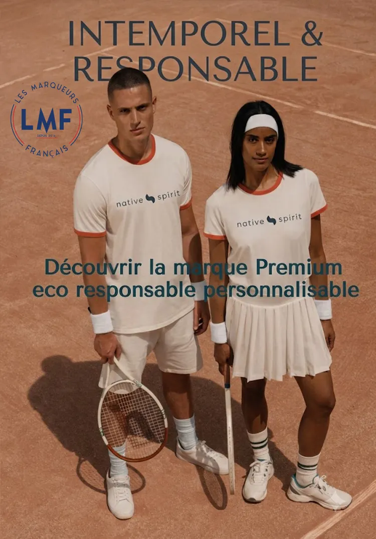 Deux joueurs de tennis portent des vêtements Native Spirit écoresponsables sur un court en terre battue. Une collection premium personnalisable présentée par Les Marqueurs Français.